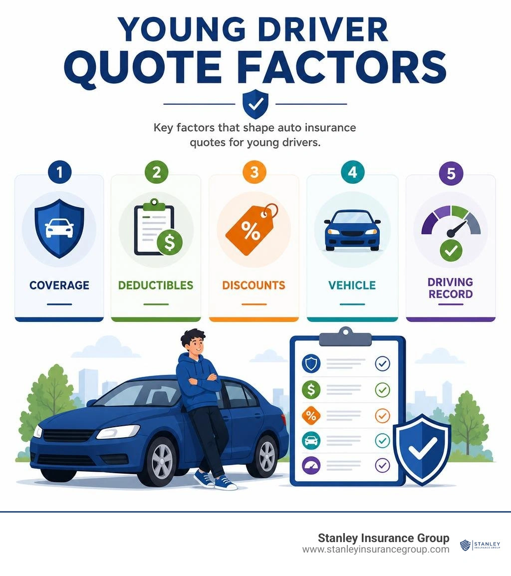 Infographic comparing young driver quote factors: coverage, deductibles, discounts, vehicle, and driving record infographic Infographic comparing young driver quote factors: coverage, deductibles, discounts, vehicle, and driving record infographic