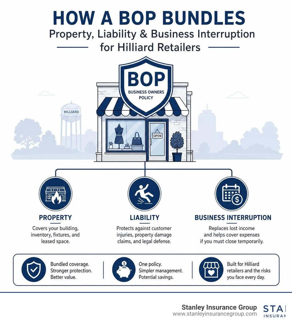 Infographic showing how a BOP bundles property, liability, and business interruption for Hilliard retailers infographic Infographic showing how a BOP bundles property, liability, and business interruption for Hilliard retailers infographic