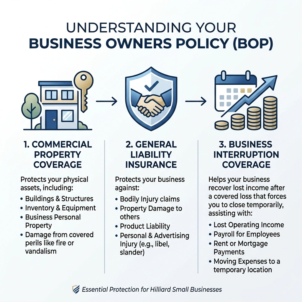Infographic showing the three components of a Business Owners Policy: property, general liability, and business interruption Infographic showing the three components of a Business Owners Policy: property, general liability, and business interruption