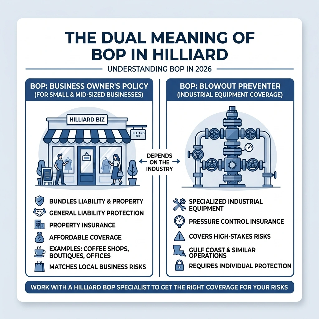 Infographic showing dual meaning of BOP in Hilliard: Business Owner's Policy vs. Blowout Preventer coverage needs - Hilliard Infographic showing dual meaning of BOP in Hilliard: Business Owner's Policy vs. Blowout Preventer coverage needs - Hilliard