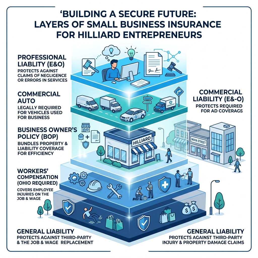 Infographic showing layers of small business insurance protection for Hilliard entrepreneurs - Best small business insurance Infographic showing layers of small business insurance protection for Hilliard entrepreneurs - Best small business insurance