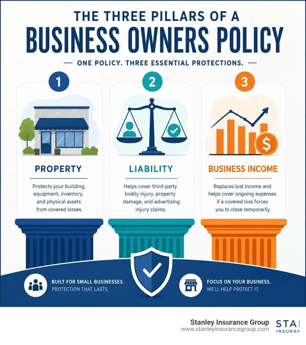 Three pillars of a Business Owners Policy: property, liability, and business income explained infographic Three pillars of a Business Owners Policy: property, liability, and business income explained infographic