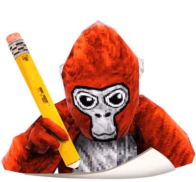 Pixelated red gorilla character holding a large yellow pencil poised over a white sheet of paper.