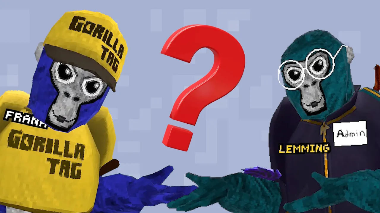 Two animated gorillas in a virtual game setting. One wears a yellow cap and shirt with 'GORILLA TAG,' while the other has glasses and a blue outfit with a nametag. A large red question mark is centered between them.