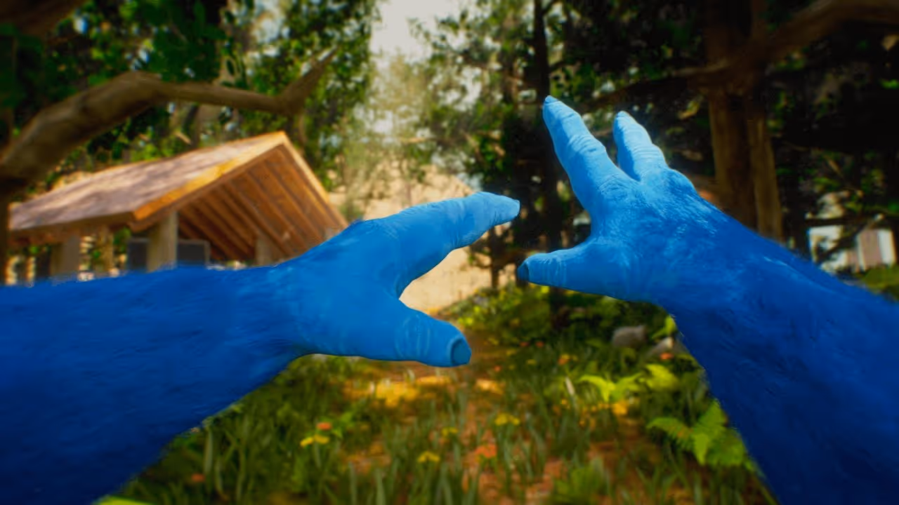 A first-person perspective view of two blue hands reaching out towards a path in a vibrant forest. The background features greenery, plants, and a wooden structure partially visible.