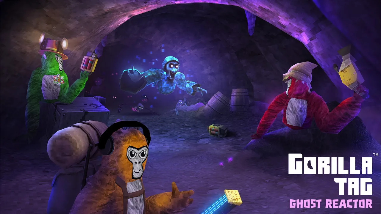 Four colorful virtual monkeys in a cave setting, engaged in a game. One monkey is glowing blue in the center, while the other three, in green, red, and brown, are positioned around it, with various game items nearby. The text "GORILLA TAG GHOST REACTOR" is displayed at the bottom.