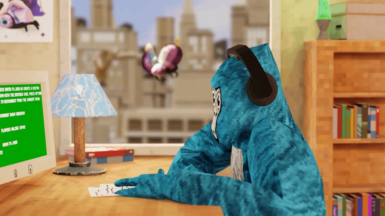 A cartoon character wearing a blue furry costume and headphones sits at a desk, looking at a computer screen displaying green text. In the background, a cityscape is visible through a window, with a butterfly flying outside.