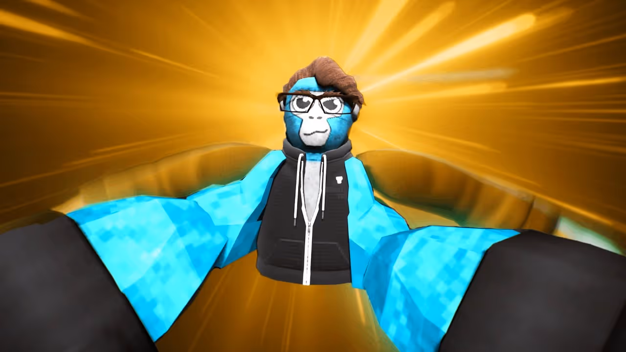 A stylized blue gorilla character wearing glasses and a black hoodie, with outstretched arms, set against a bright yellow background that radiates outward.