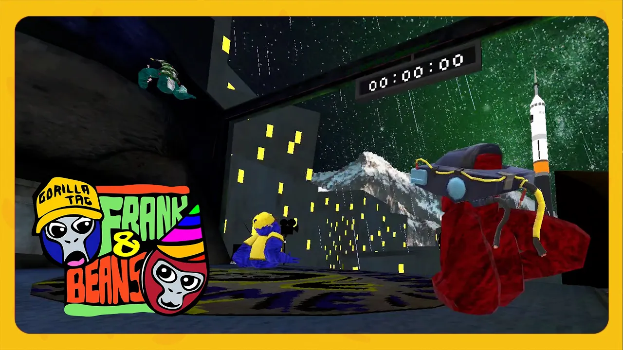 A colorful virtual reality scene featuring characters in a gaming environment. One character in yellow is sitting on the floor, with two additional characters nearby. A timer is visible on the wall, and a mountain is seen through a window.