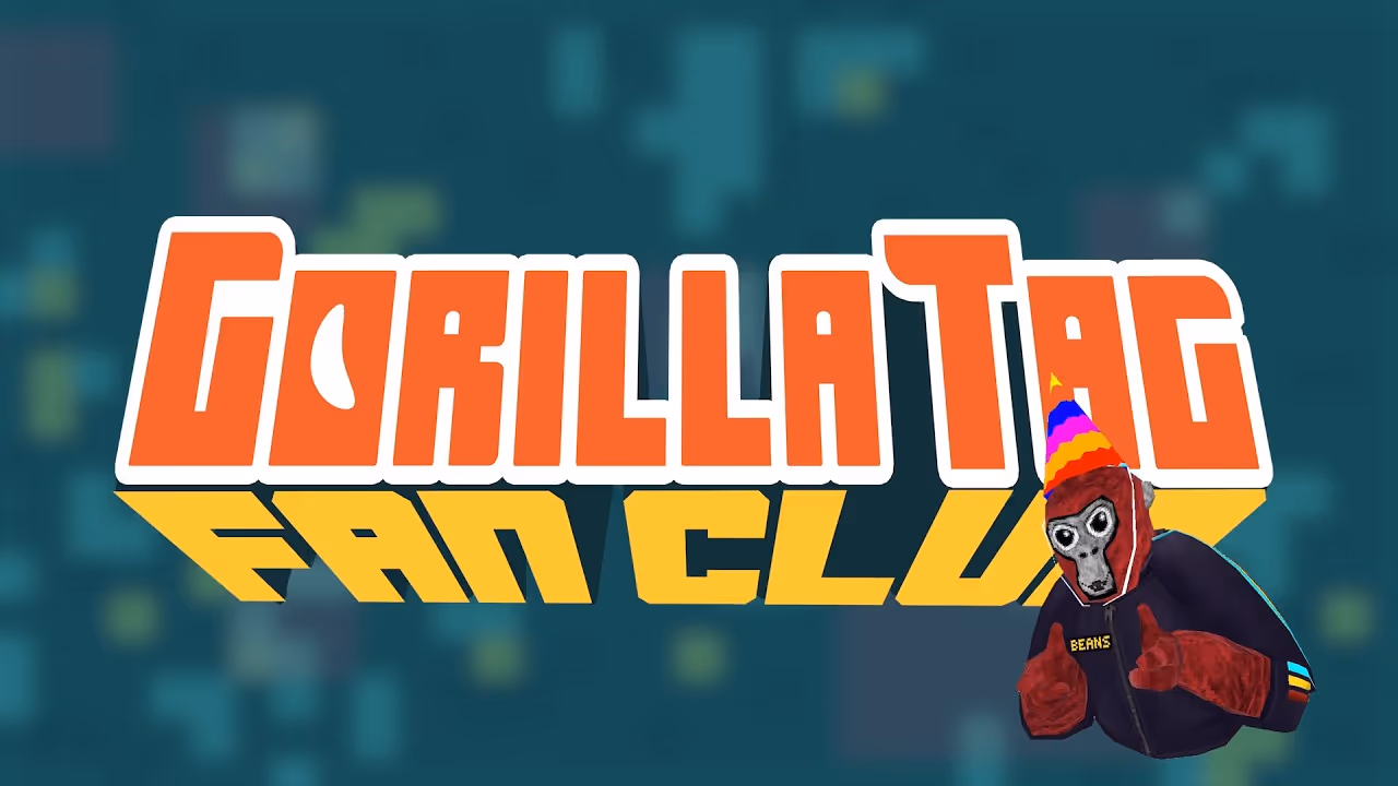 Graphic displaying the text 'GORILLA TAG FAN CLUB' in bold letters, with an animated character wearing a party hat on the right side. The background is a colorful, abstract design.