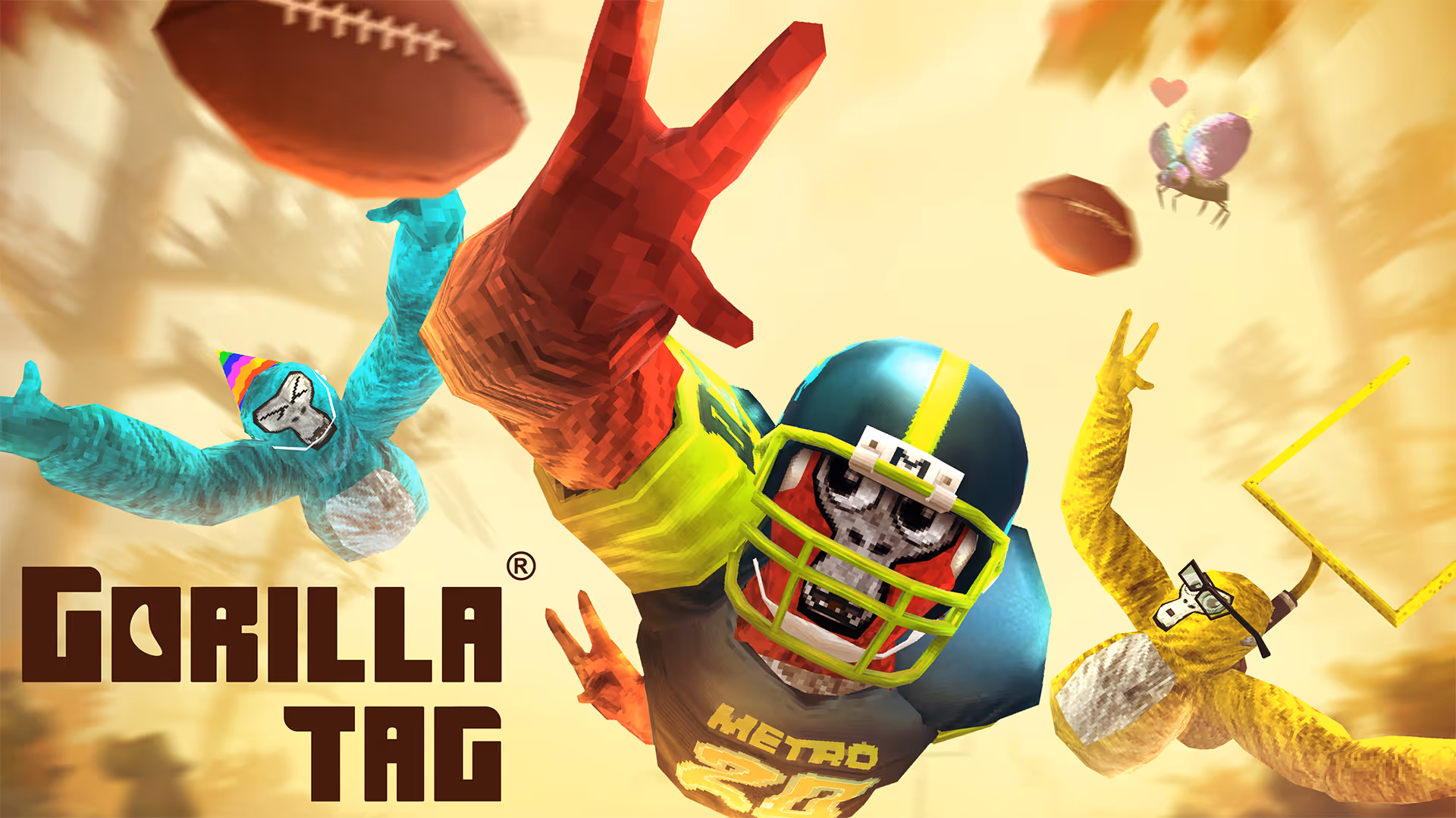 A colorful graphic featuring animated gorillas in football jerseys and helmets, playing the game 'Gorilla Tag.' One gorilla wears a party hat, and others are depicted jumping and throwing a football, set against a whimsical background.