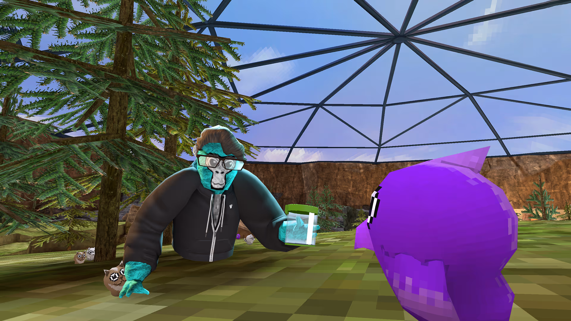 A virtual environment featuring a character with glasses and a hoodie holding a green container, interacting with a purple fish. The setting includes trees and a dome structure overhead.