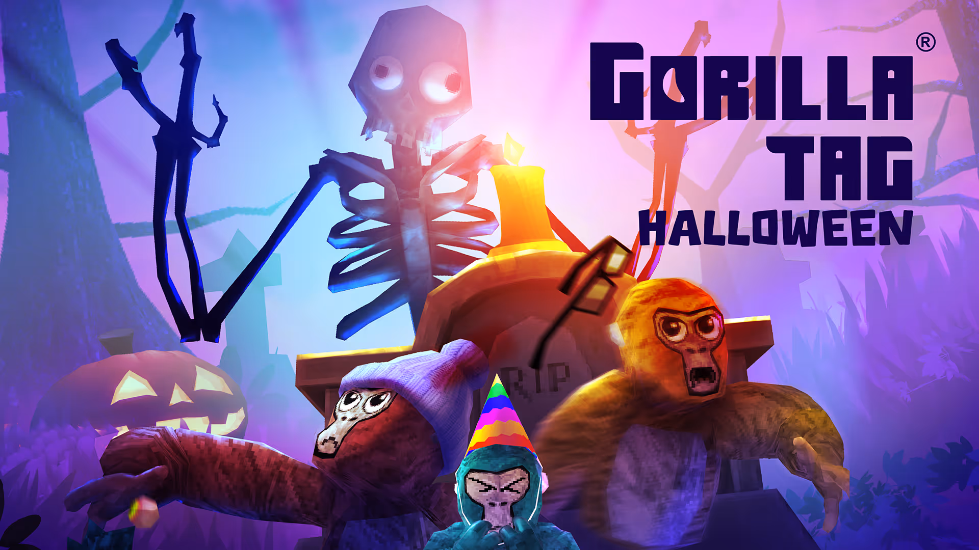 Three cartoon gorillas in Halloween costumes, a skeleton looming behind them, set against a spooky background with pumpkins and eerie lighting. The text 'Gorilla Tag Halloween' is prominently displayed.