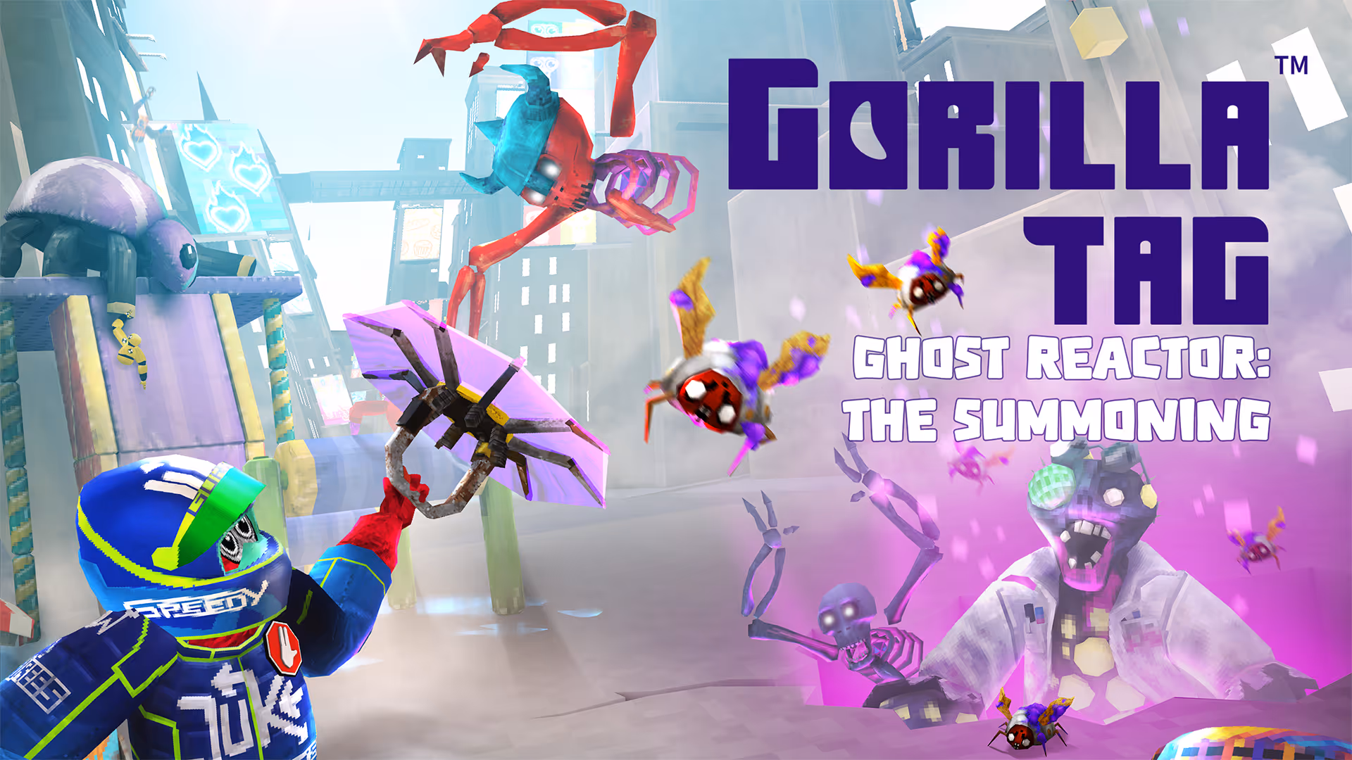 A colorful video game cover featuring a character in a blue helmet holding a gadget, with whimsical creatures and a ghostly figure in a stylized city setting. The title reads 'Gorilla Tag: Ghost Reactor: The Summoning'.