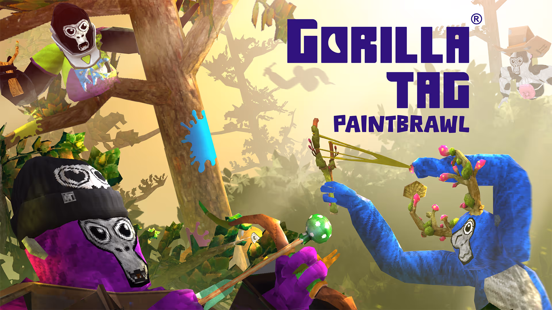 Colorful digital artwork featuring playful gorilla characters in a forest environment. The title "GORILLA TAG PAINTBRAWL" appears prominently, with the gorillas engaging in a game, equipped with slingshots and bow-like weapons.