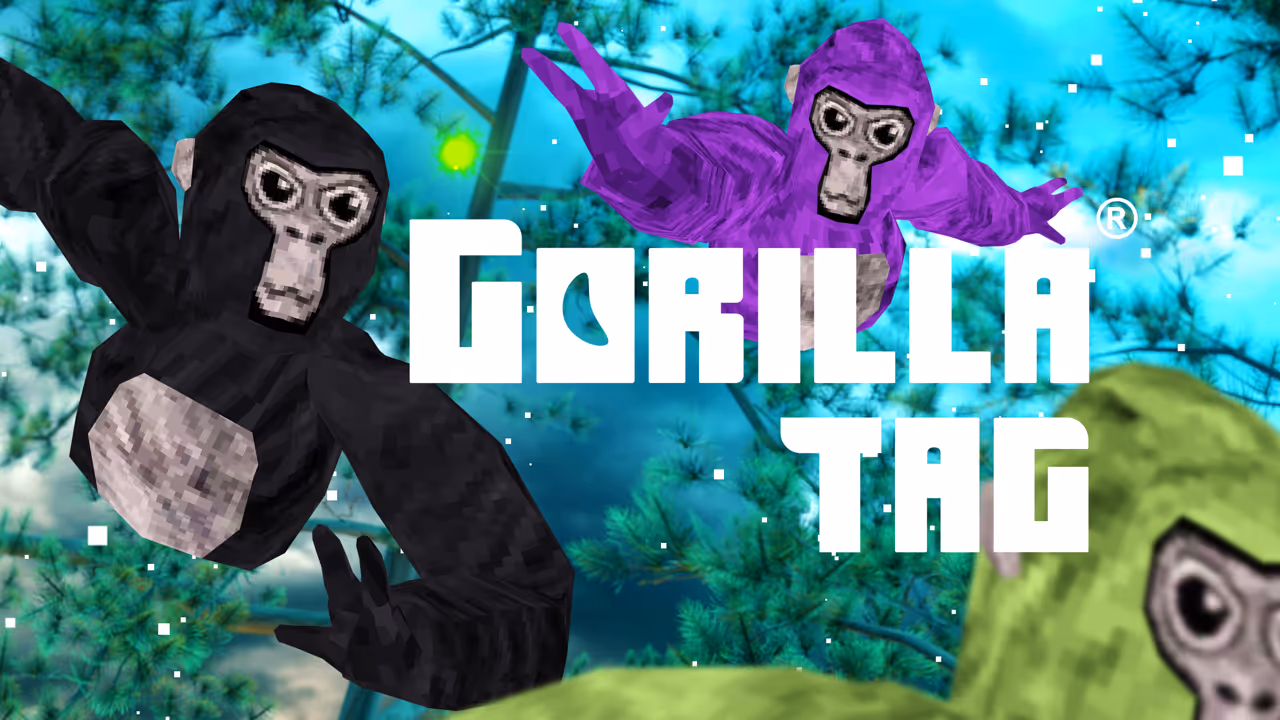 Three stylized gorillas in a virtual forest environment, one black, one purple, and one green, appear to be in mid-movement. The text 'GORILLA TAG' is prominently featured in white above them.