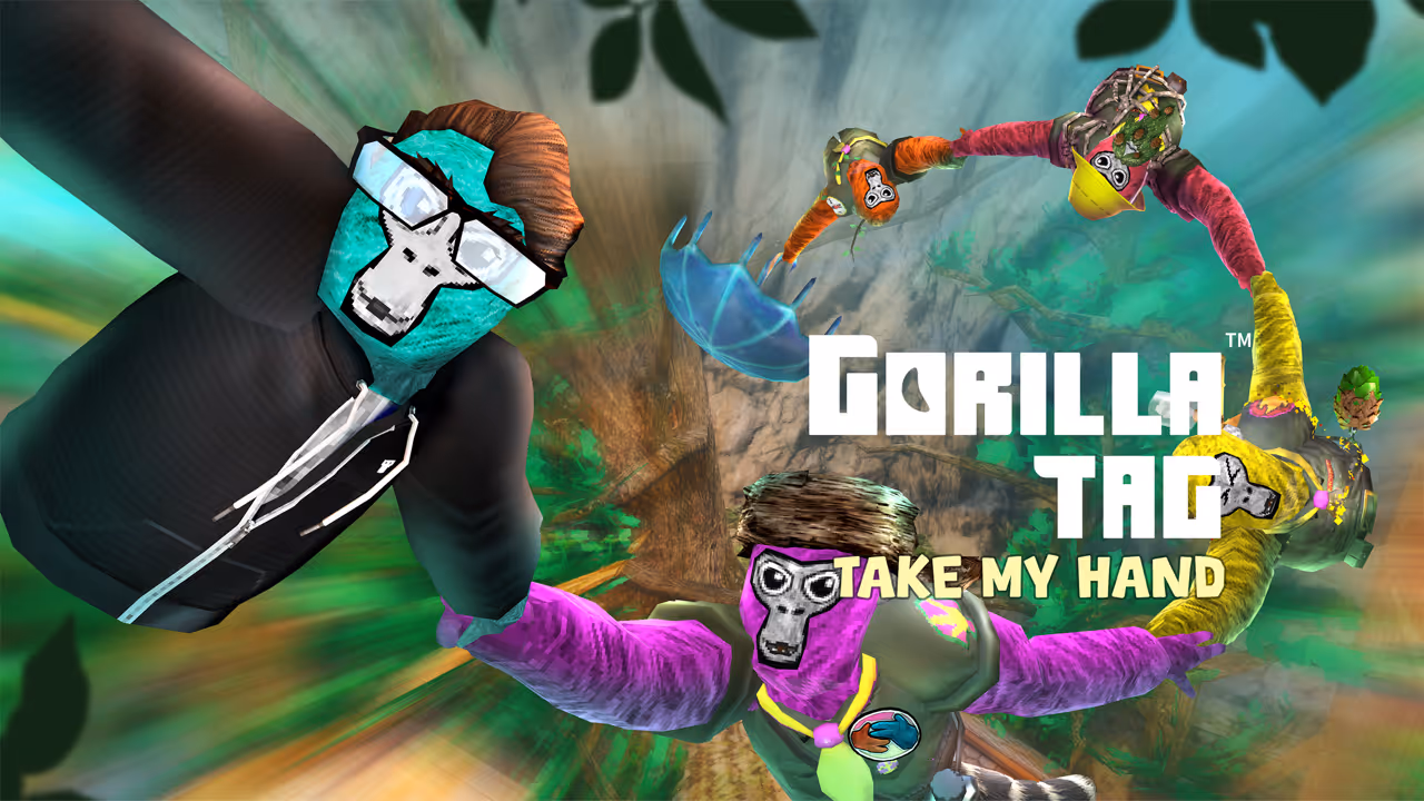 Four animated characters wearing monkey masks in a vibrant forest setting, engaging in a game of Gorilla Tag. The text "GORILLA TAG TAKE MY HAND" is prominently displayed.