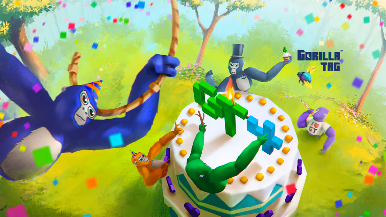 Four colorful cartoon gorillas celebrating around a birthday cake in a festive outdoor setting. The scene includes confetti and party elements, highlighting a joyful atmosphere associated with the game 'Gorilla Tag'.