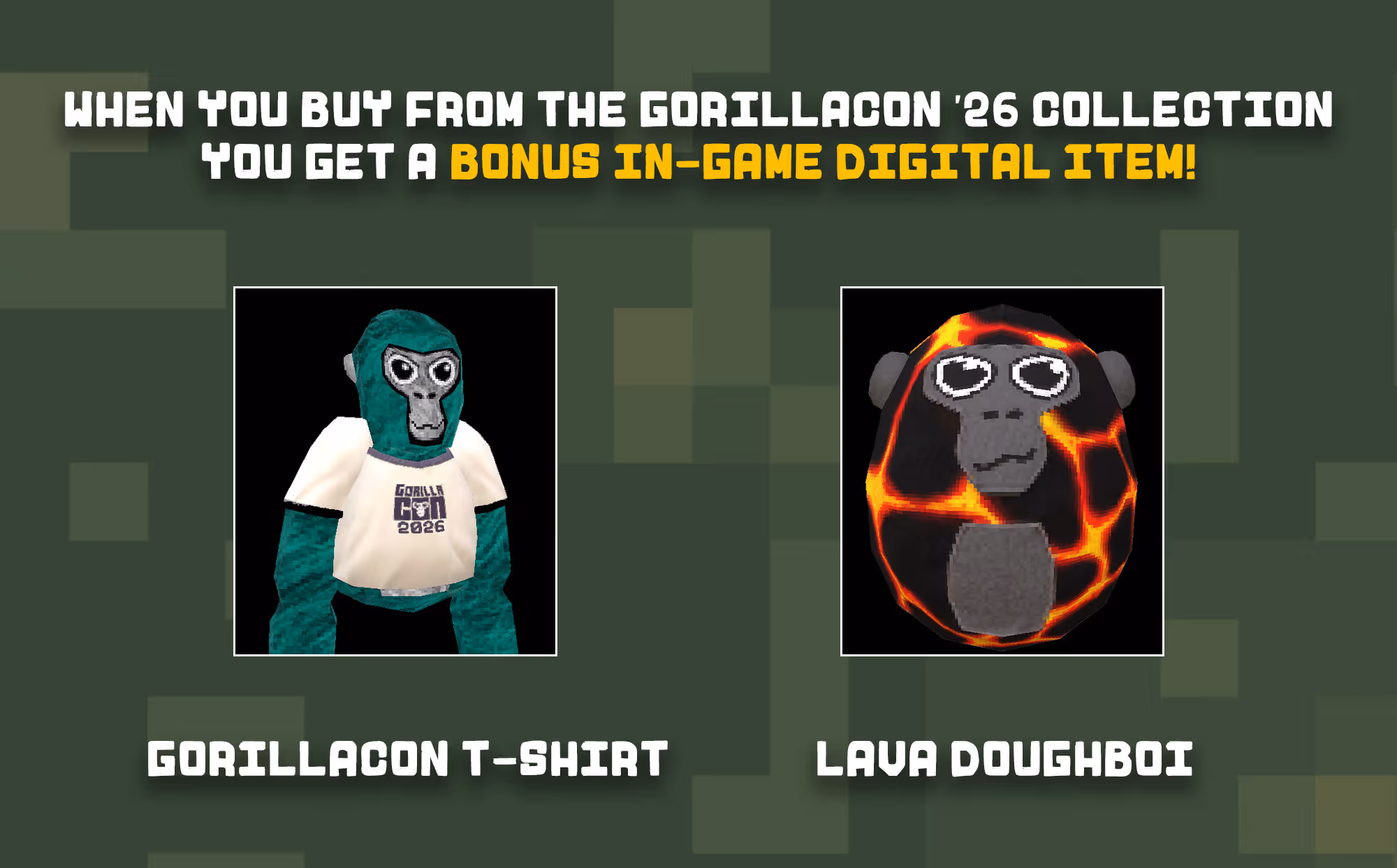 Blocky 3D gorilla wearing GorillaCon 2026 t-shirt and lava-patterned gorilla digital item.