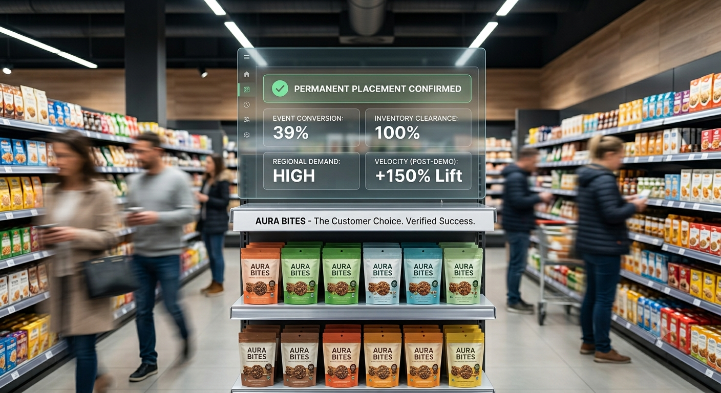 A grocery store shelf display featuring CPG products, overlaid with a digital metrics board showing 39% event conversion, 100% inventory clearance, and permanent shelf placement confirmation.