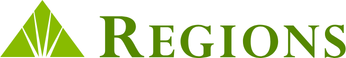 Regions logo featuring a green triangular emblem composed of triangular segments to the left of the word REGIONS in capital letters.