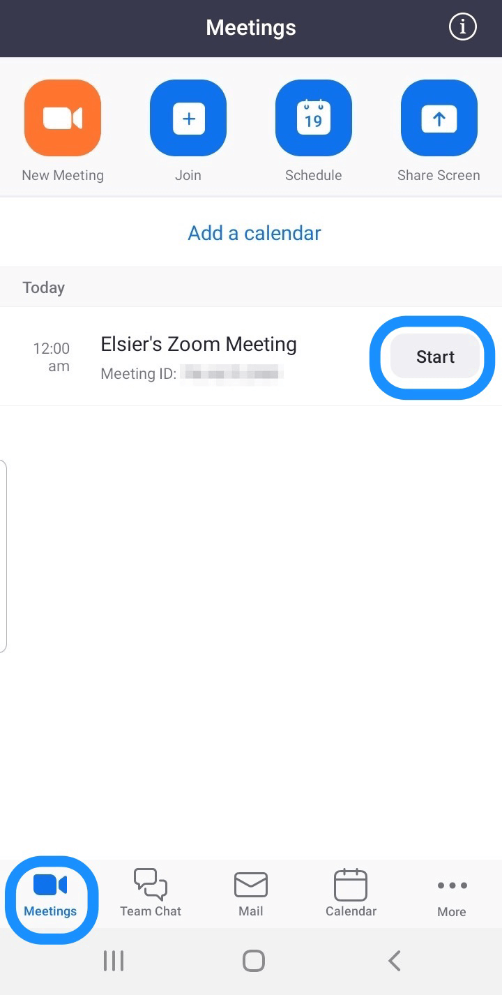 Choosing to start a new meeting on Zoom mobile