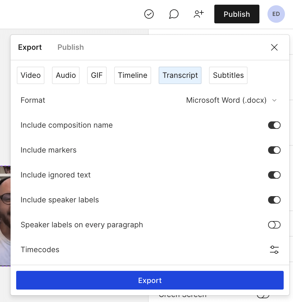 Exporting a transcript to .docx