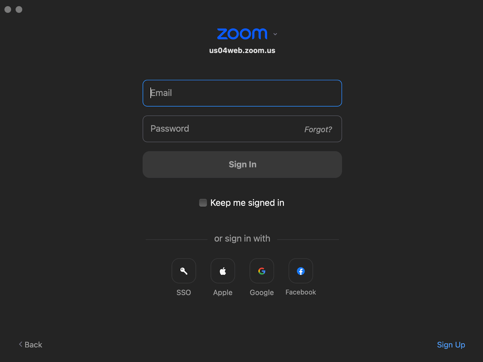 Signing into Zoom app