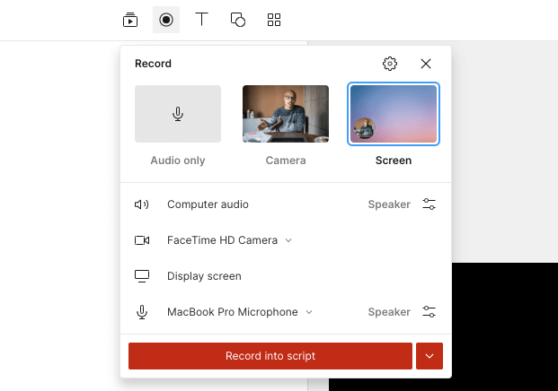 Choosing the option to screen recording in Descript