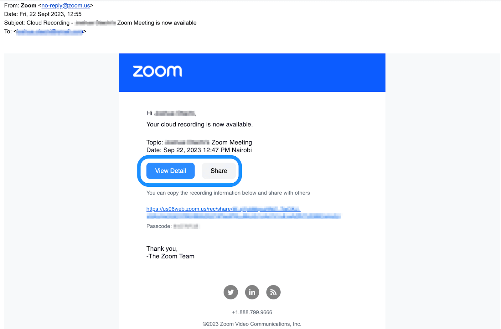 Email confirming Zoom recording is available for download