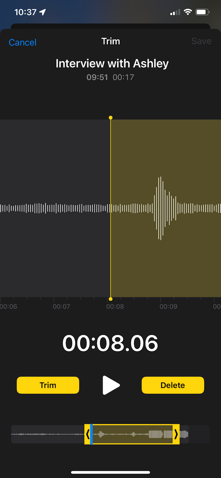 Trimming an audio recording in Voice Memos