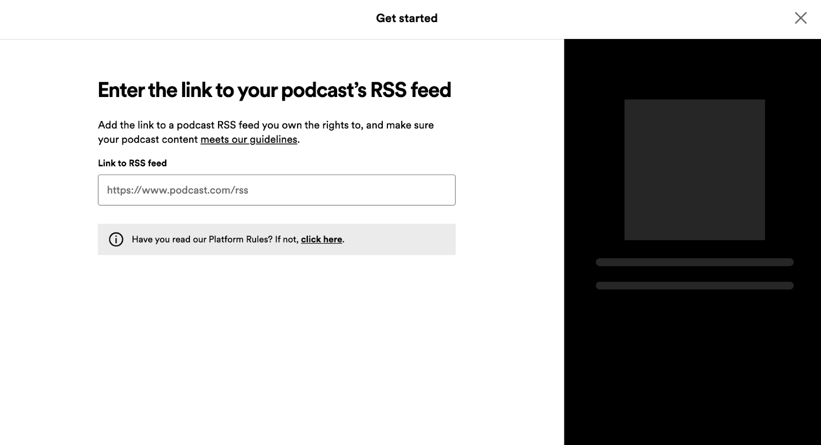 Screenshot of Spotify for Podcasters RSS feed link page