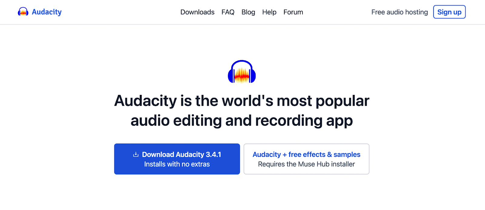 Audacity’s website featuring its audio editing and recording app