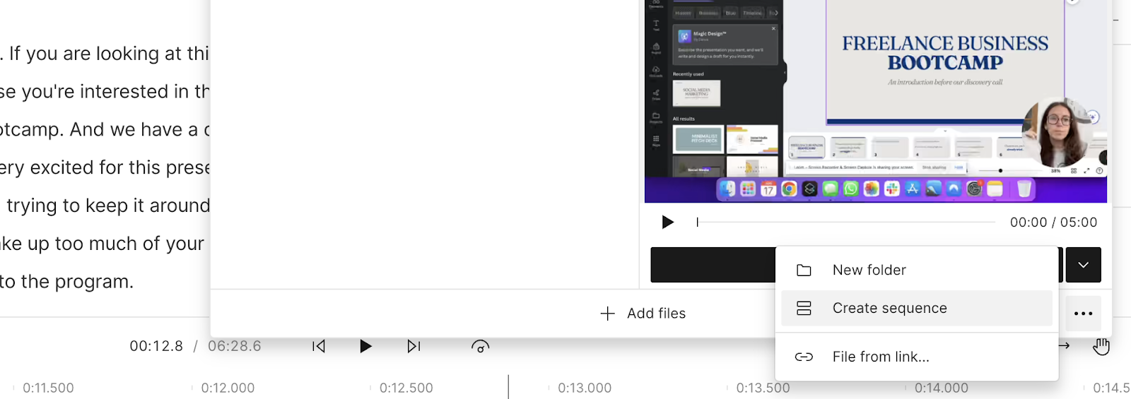 Creating a sequence in Descript to sync audio and video