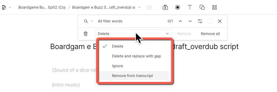 Image of user selecting the option to delete filler words.