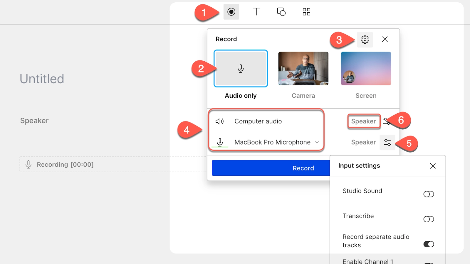 Screenshot showing steps for setting up multitrack audio recording in Descript.