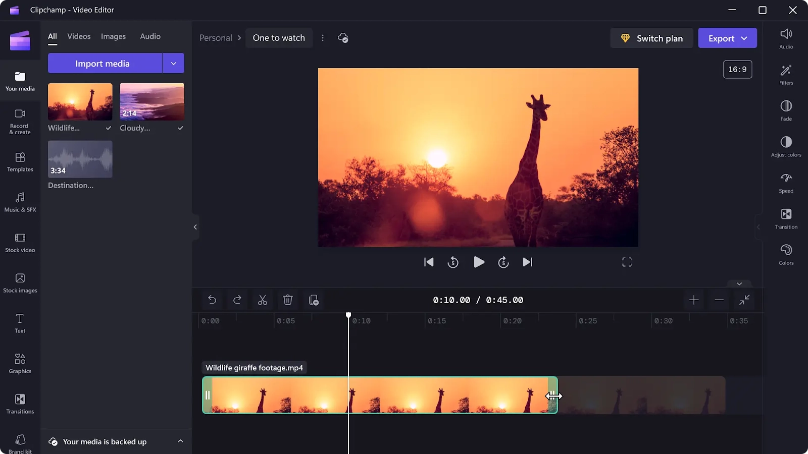 Screenshot of Clipchamp’s video trimmer with giraffe video in window