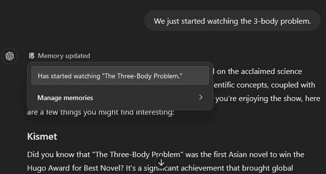 ChatGPT recording a memory stating "Has started watching the Three Body Problem"