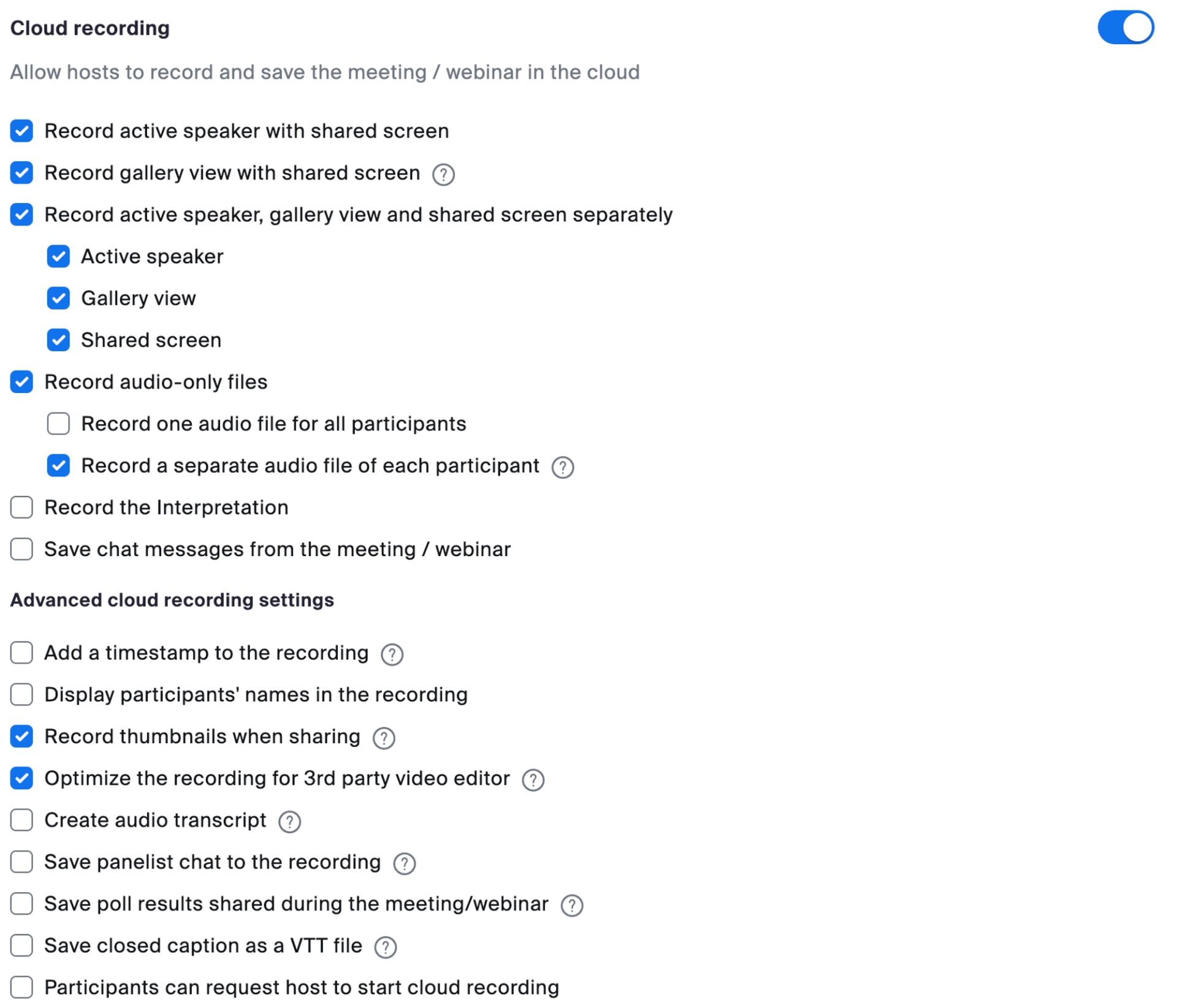 Ideal settings for a Zoom cloud recording