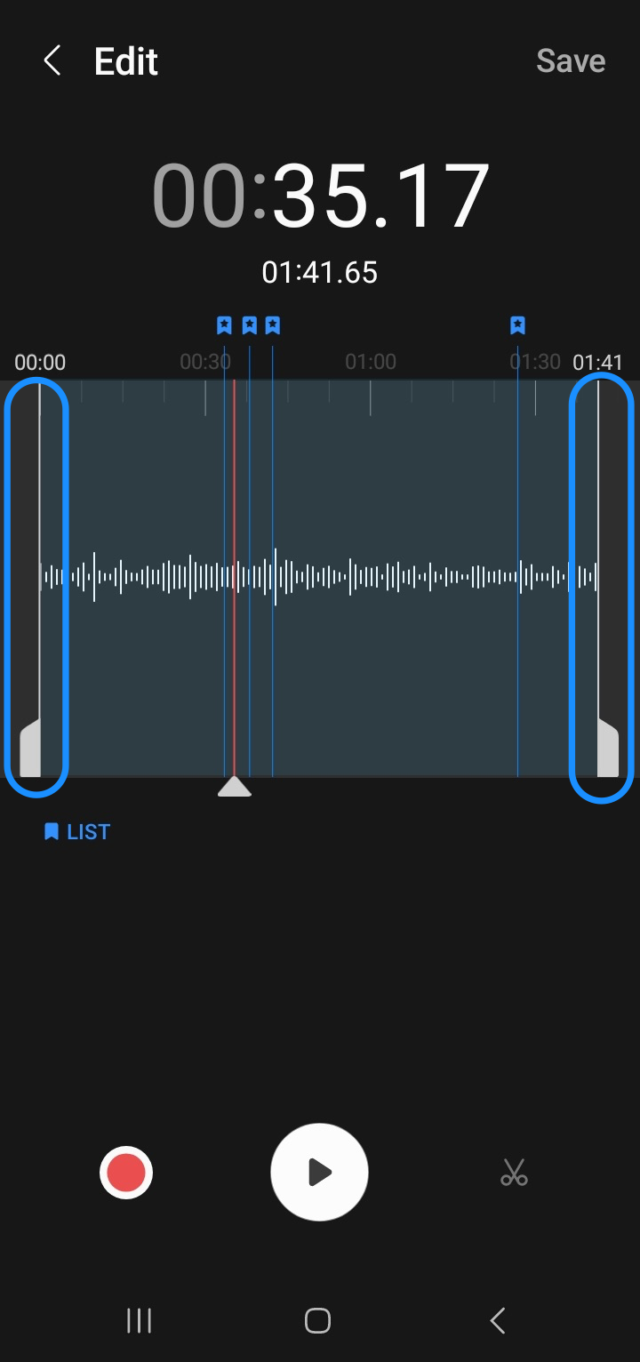 Selecting a part of the saved audio recording to cut on Android.