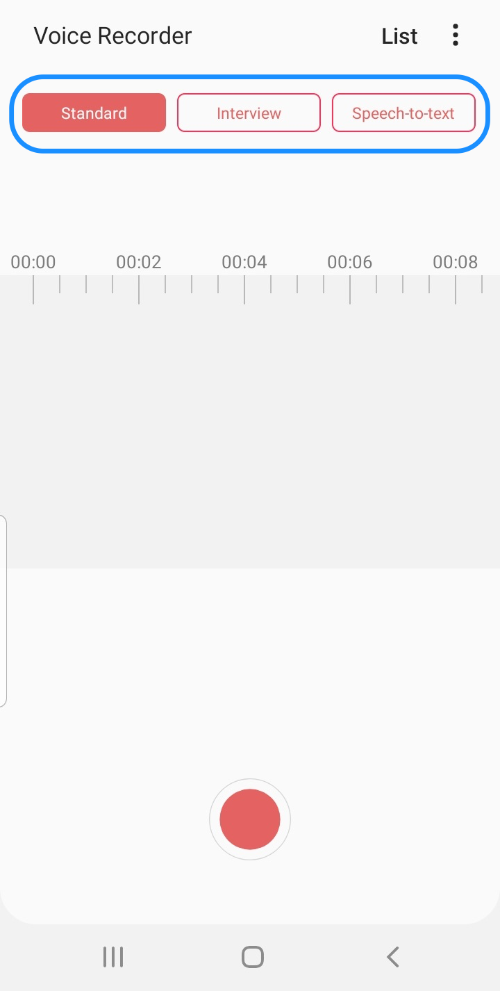 Recording screen with various options.