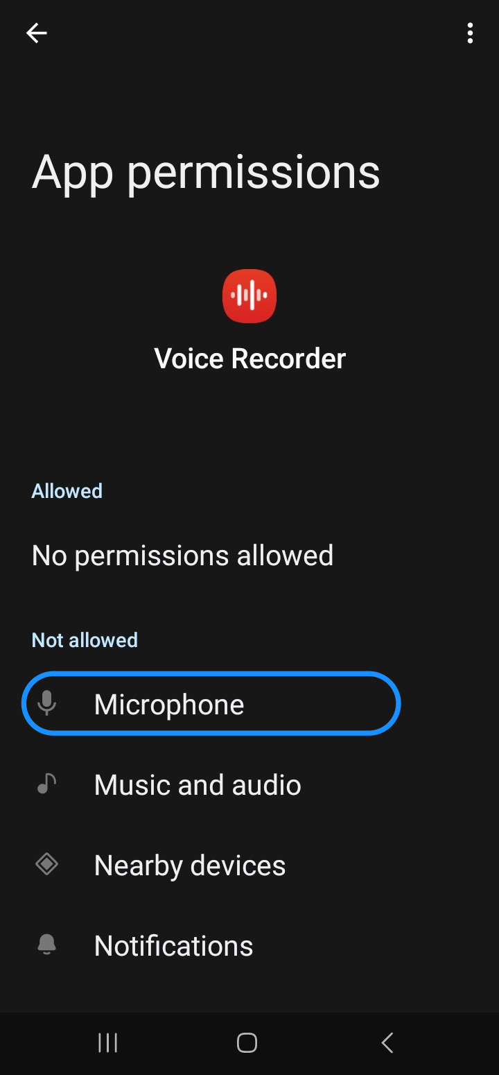 Allowing microphone in Settings on Android phone.