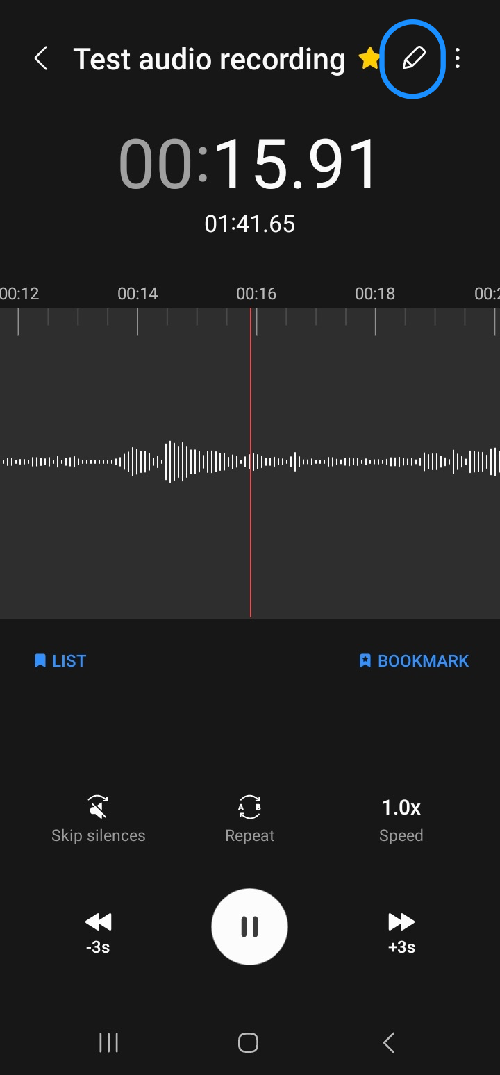 Choosing the Edit button in Voice Recorder app