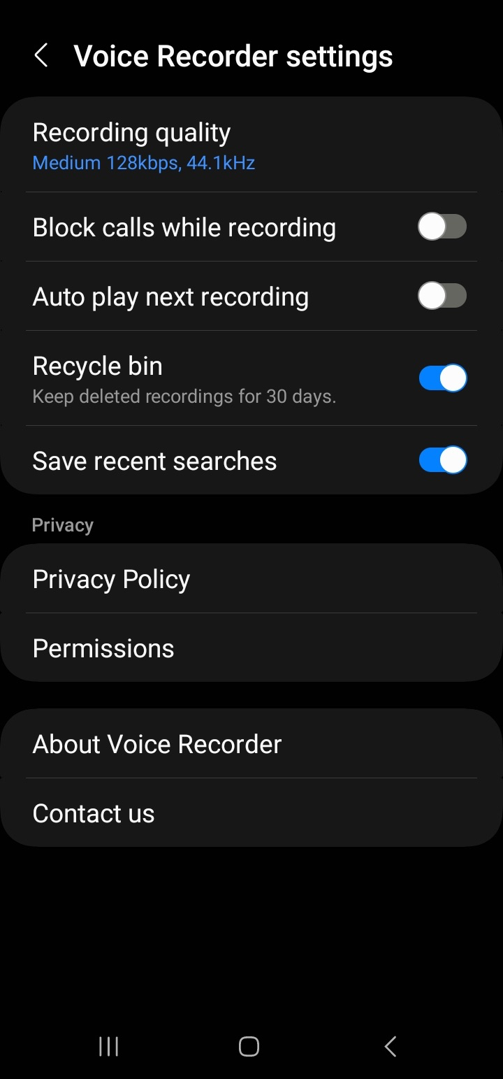 Image of voice recording settings on Android