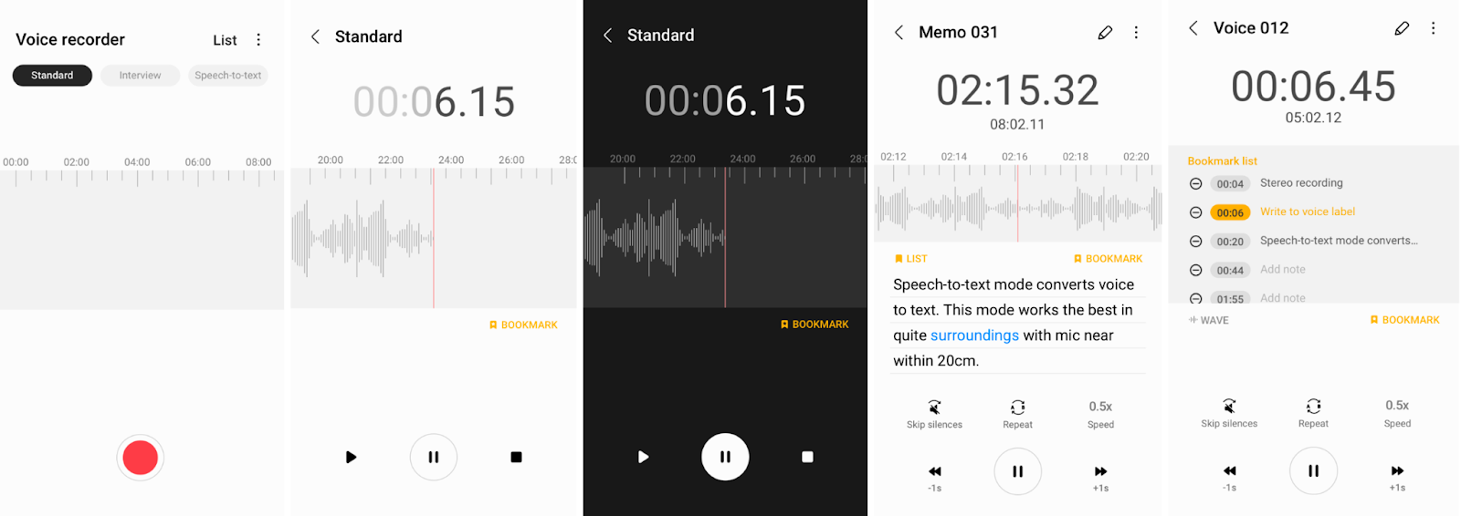 Series of images showing how to record with Samsung Voice Recorder