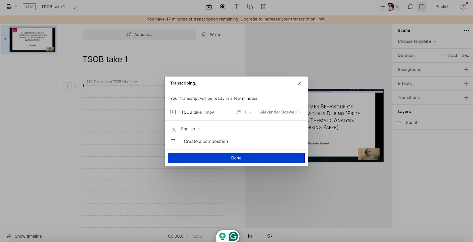 Screenshot of Descript user transcribing speech