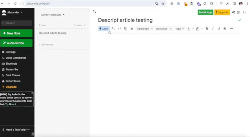GIF of user testing the Dictanote speech to text tool