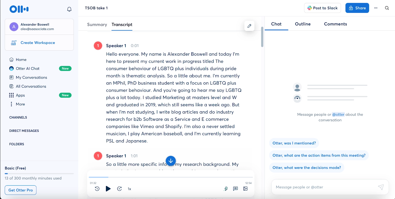 Otter.ai’s dashboard showcasing the transcription tool