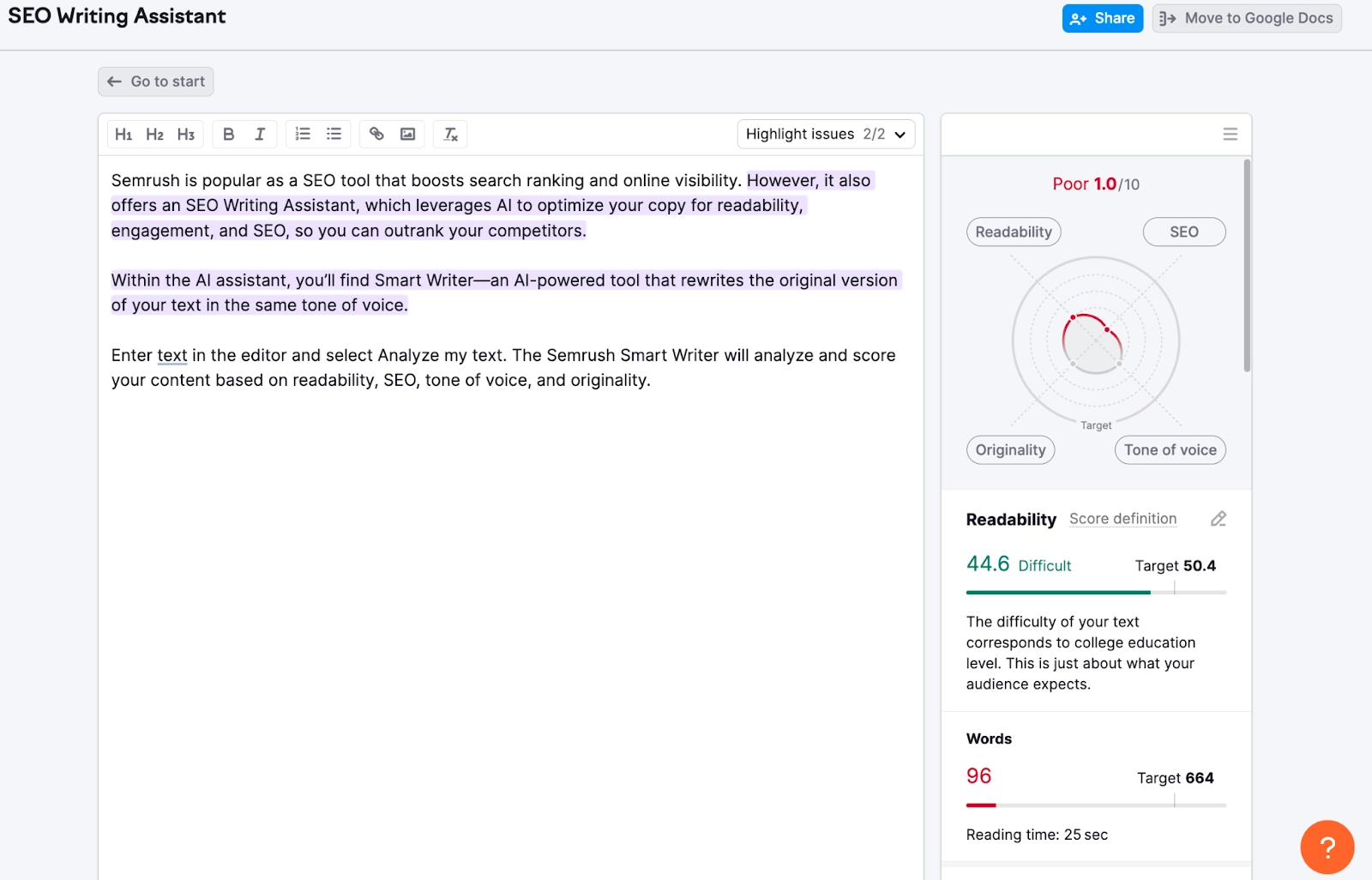 Image of Semrush’s Smart Writer tool interface
