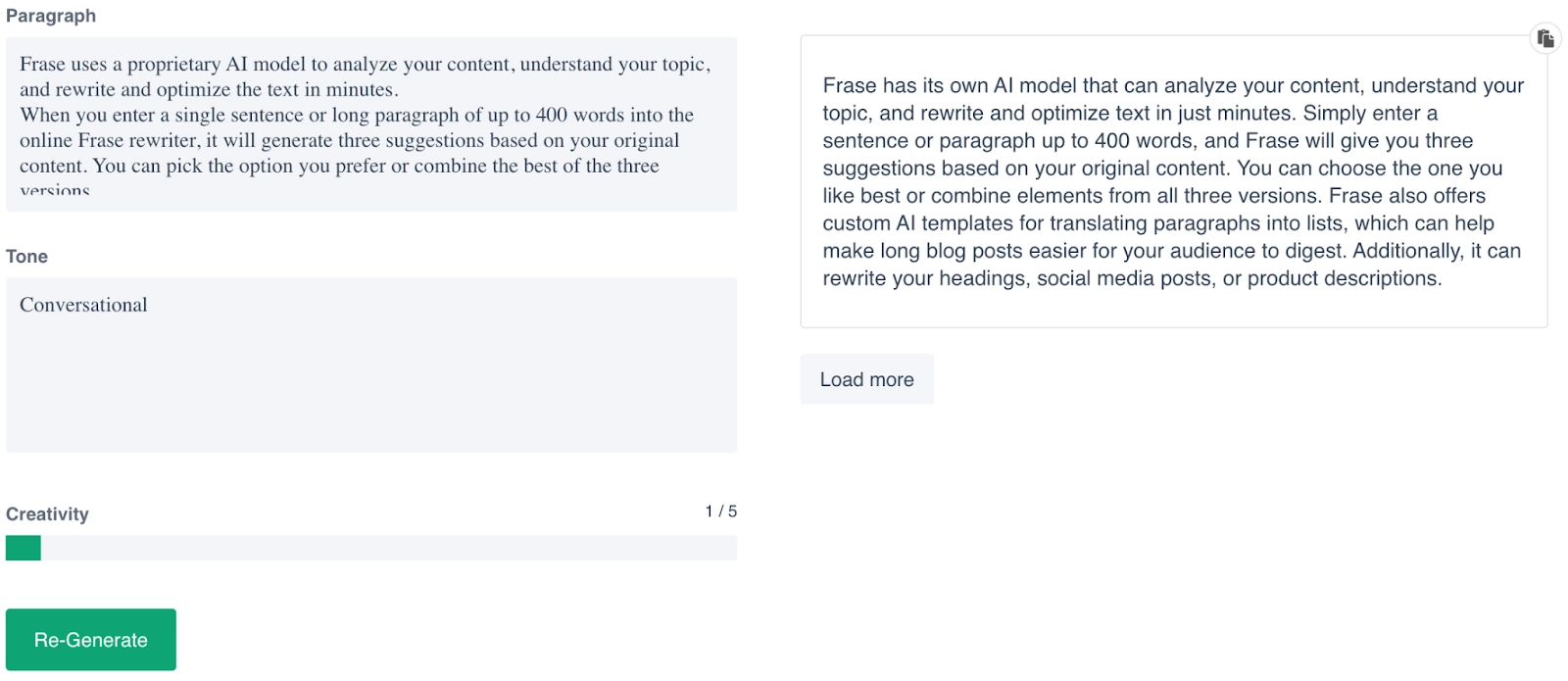 Screenshot of Frase’s AI paragraph rewriter tool
